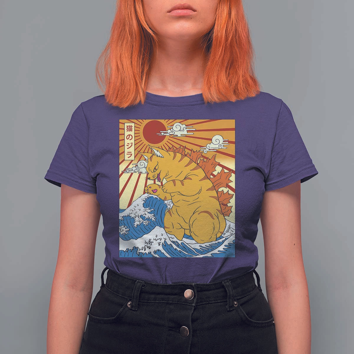 Funny Cat Japanese Anime Kawaii T Shirt For Women Catzilla Meme Retro Vintage Graphic - Wonder Print Shop