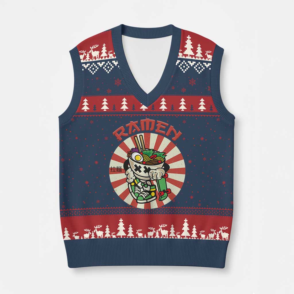 Kawaii Japan Ramen V-Neck Knit Sweater Vest Cute Skater Japanese Noodles Anime Skateboard Lover - Wonder Print Shop