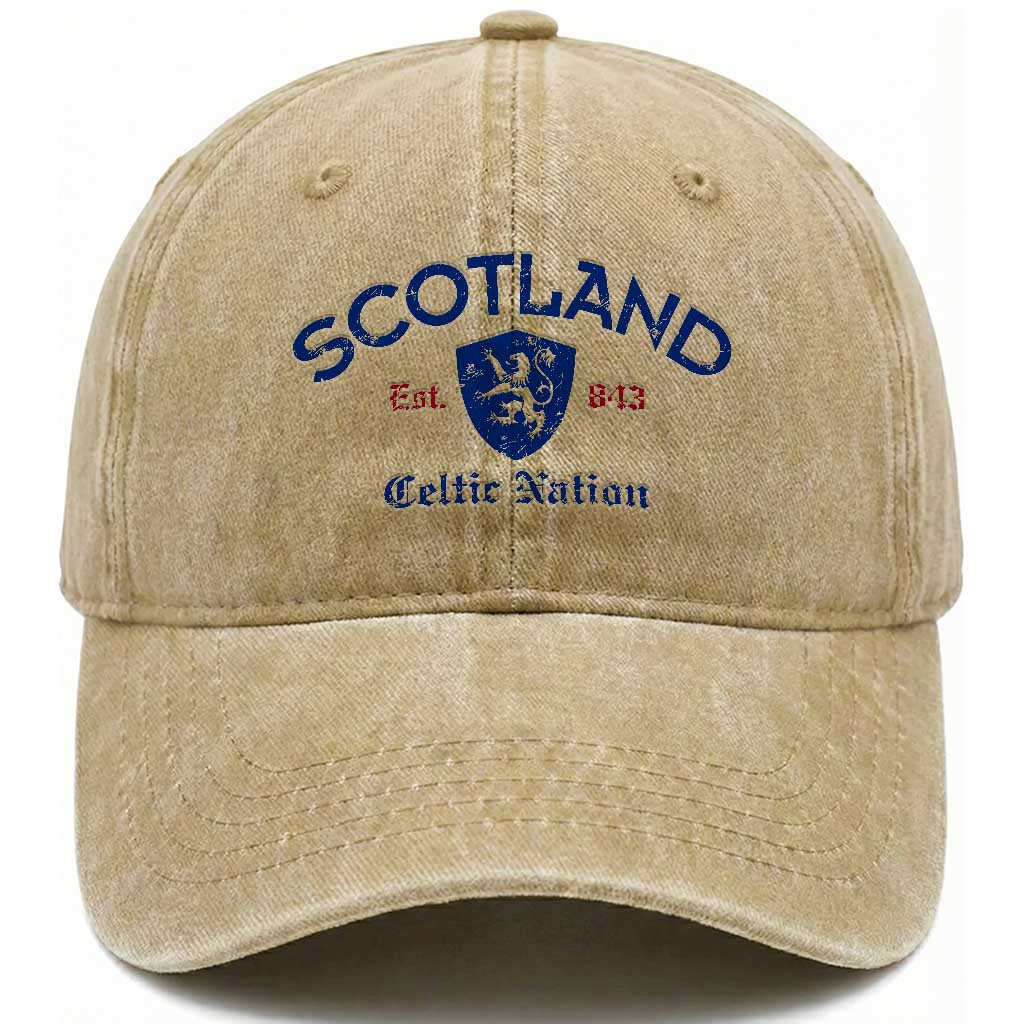 Scotland Celtic Nation Est 843 Washed Cotton Baseball Cap Lion Rampant Shield Patriotic Scottish Heritage
