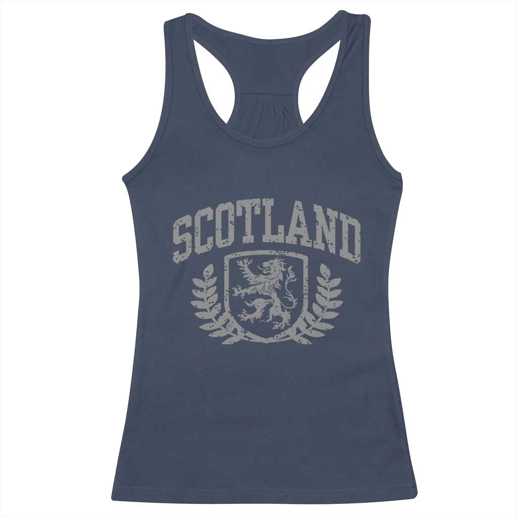 Scotland Lion Rampant Distressed Crest Racerback Tank Top Scottish Heritage Monochrome Laurel Wreath Vintage Graphic