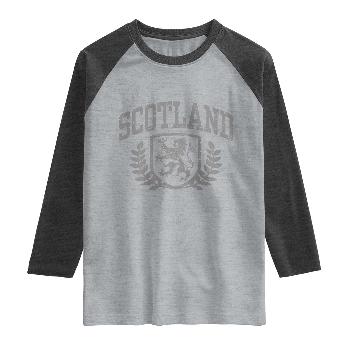 Scotland Lion Rampant Distressed Crest Raglan Shirt Scottish Heritage Monochrome Laurel Wreath Vintage Graphic