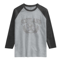 Scotland Lion Rampant Distressed Crest Raglan Shirt Scottish Heritage Monochrome Laurel Wreath Vintage Graphic