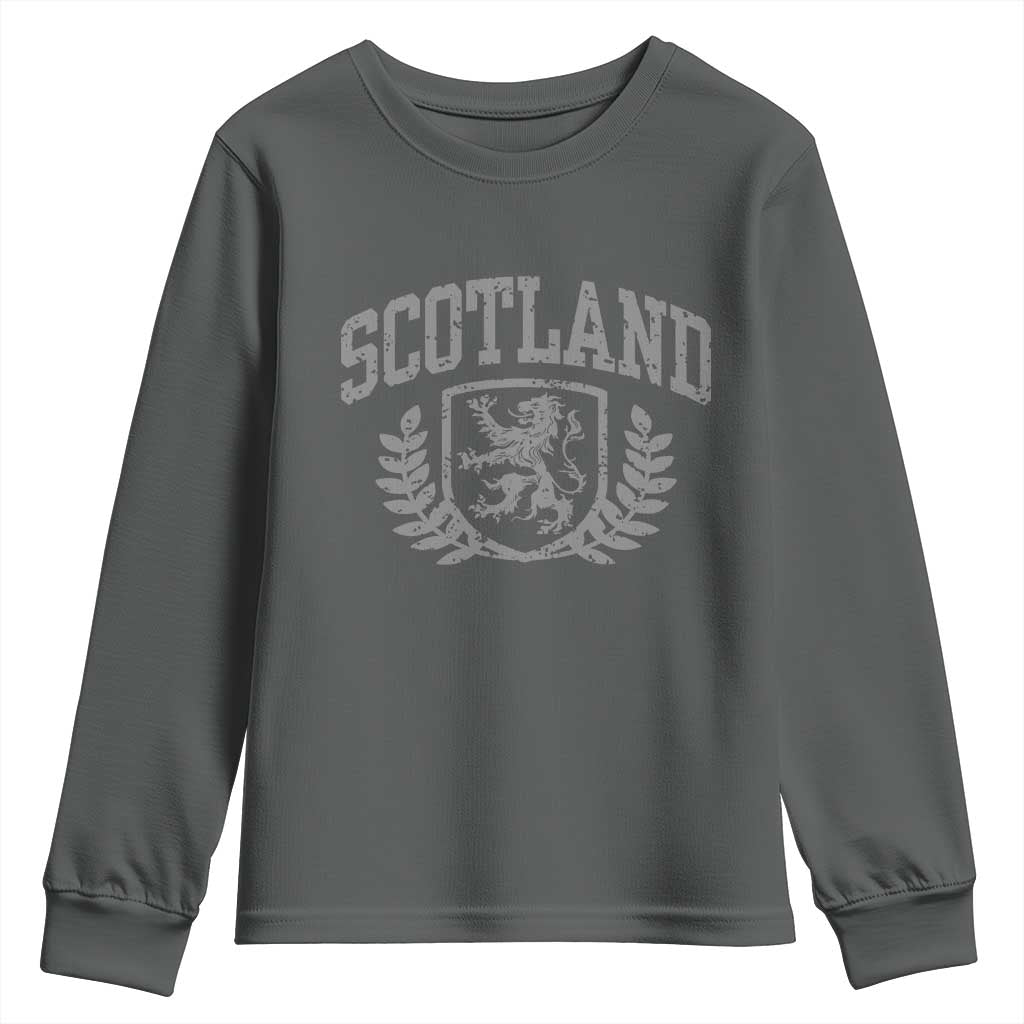 Scotland Lion Rampant Distressed Crest Youth Sweatshirt Scottish Heritage Monochrome Laurel Wreath Vintage Graphic