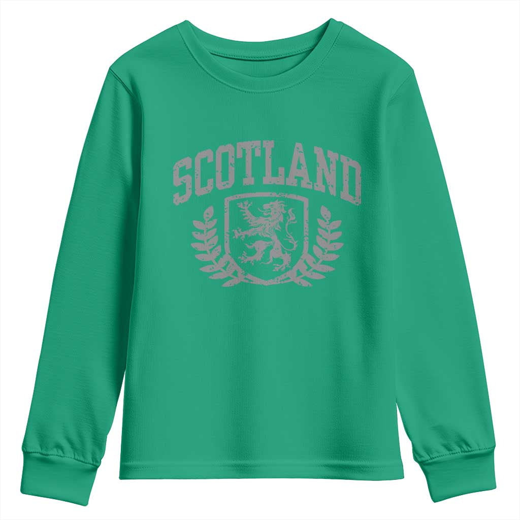 Scotland Lion Rampant Distressed Crest Youth Sweatshirt Scottish Heritage Monochrome Laurel Wreath Vintage Graphic