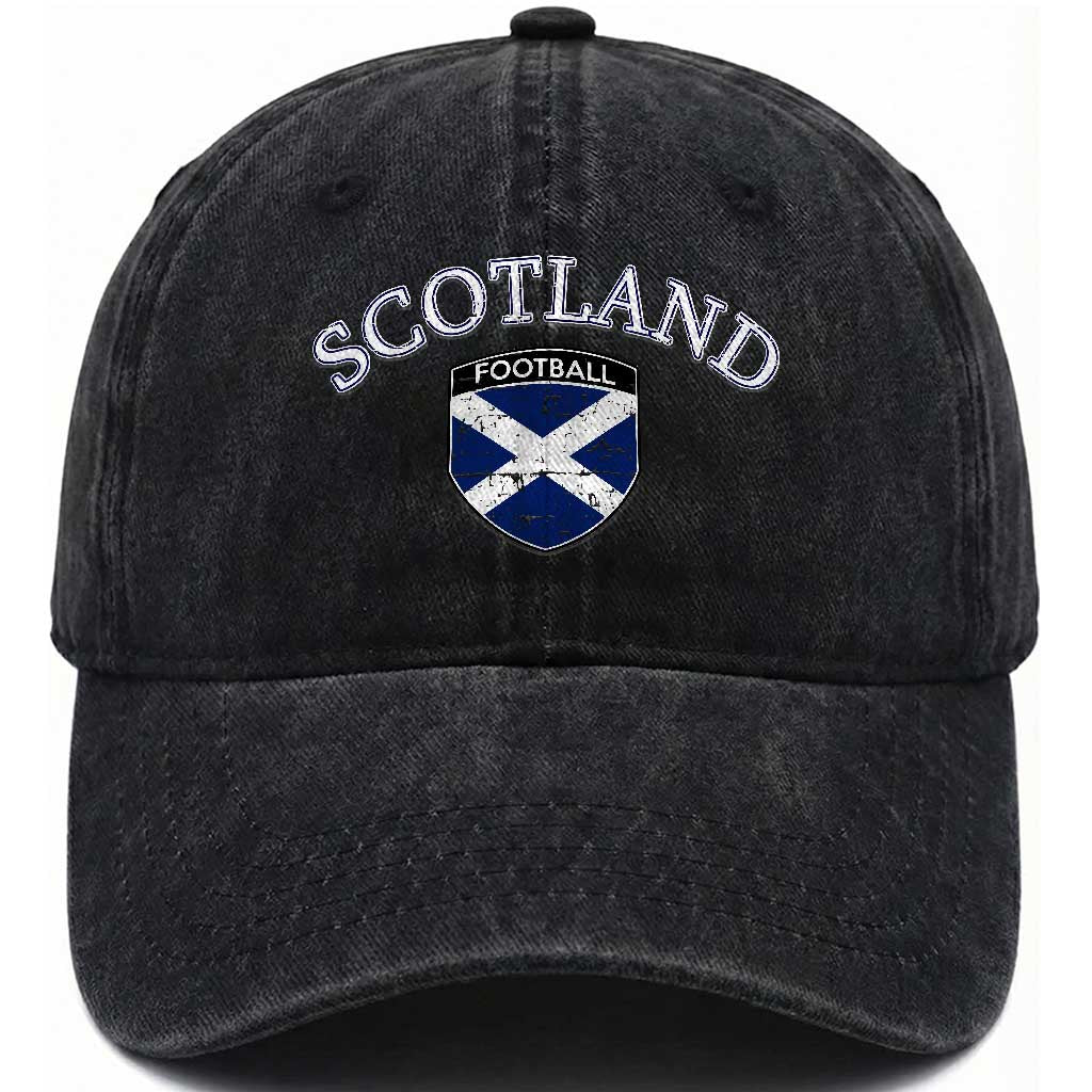 Scotland Football Distressed Shield Saltire Flag Washed Cotton Baseball Cap Game Day Sports Soccer Fans