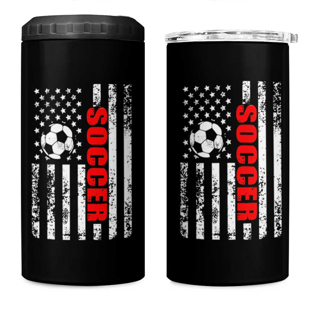 Distressed USA Flag Soccer Player 4 in 1 Can Cooler Tumbler Patriotic American Football Lover