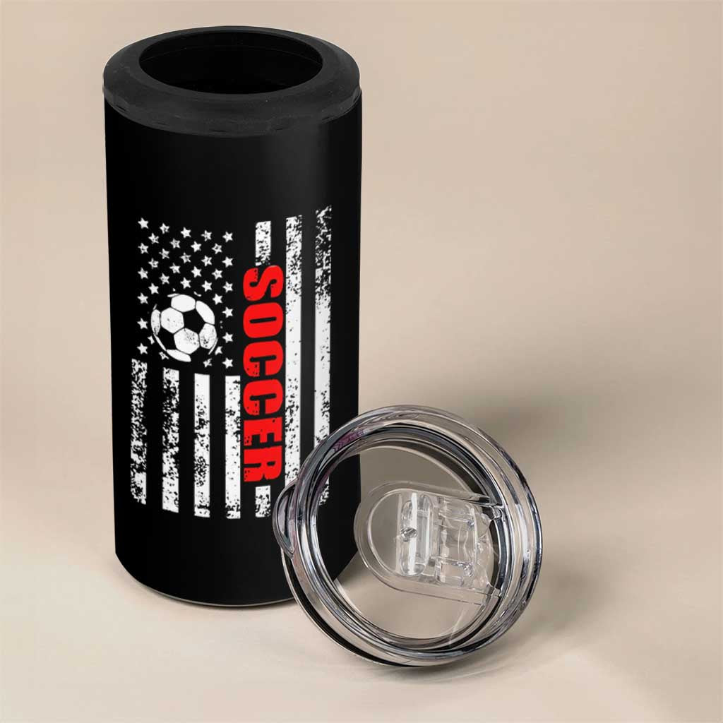 Distressed USA Flag Soccer Player 4 in 1 Can Cooler Tumbler Patriotic American Football Lover