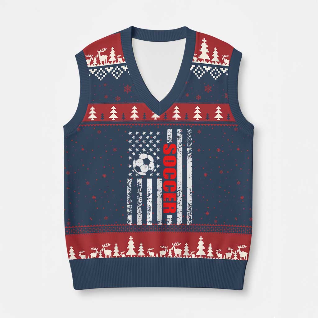 Distressed USA Flag Soccer Player V-Neck Knit Sweater Vest Patriotic American Football Lover