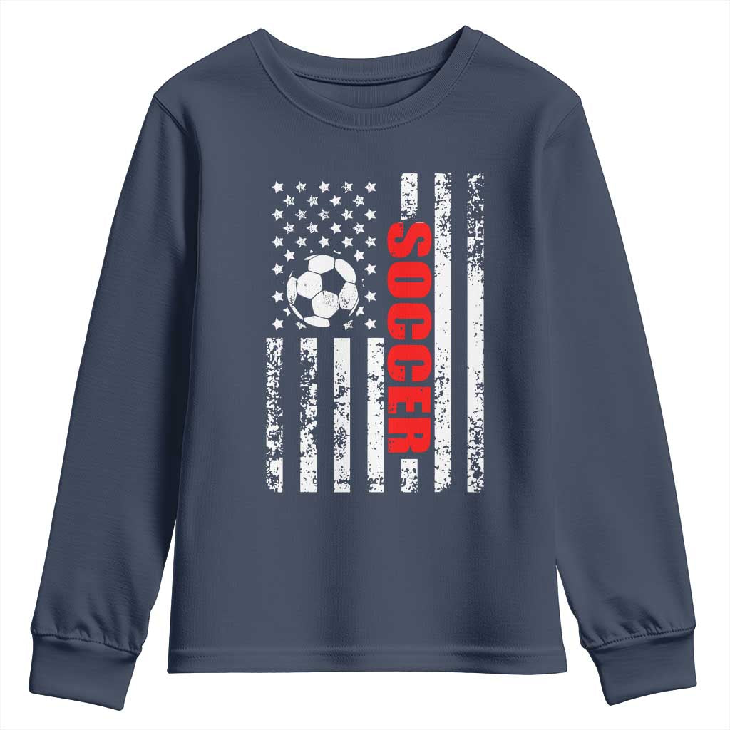 Distressed USA Flag Soccer Player Youth Sweatshirt Patriotic American Football Lover