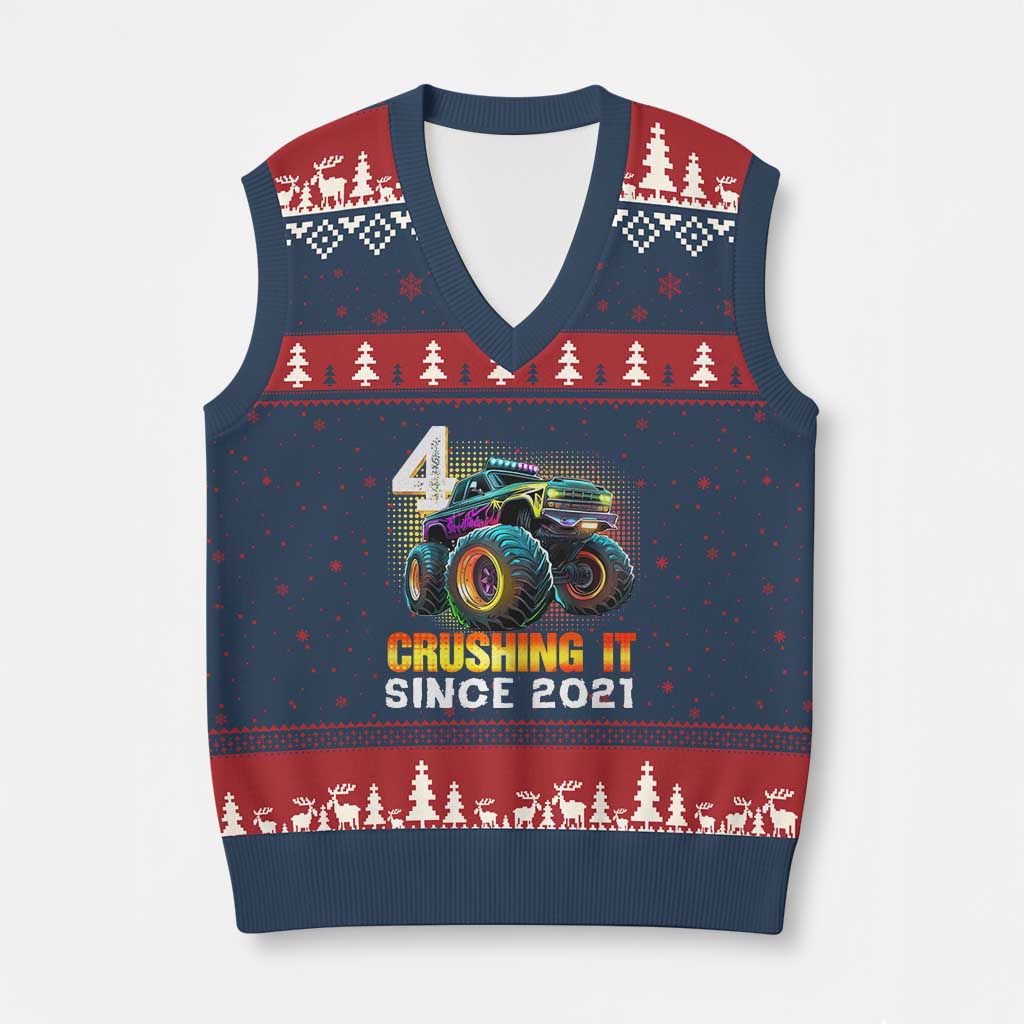 Monster Truck Birthday V-Neck Knit Sweater Vest Happy 4th Bday Party 4 Years Old Boy - Wonder Print Shop