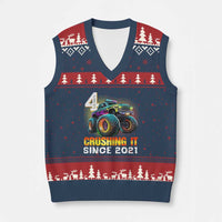Monster Truck Birthday V-Neck Knit Sweater Vest Happy 4th Bday Party 4 Years Old Boy - Wonder Print Shop