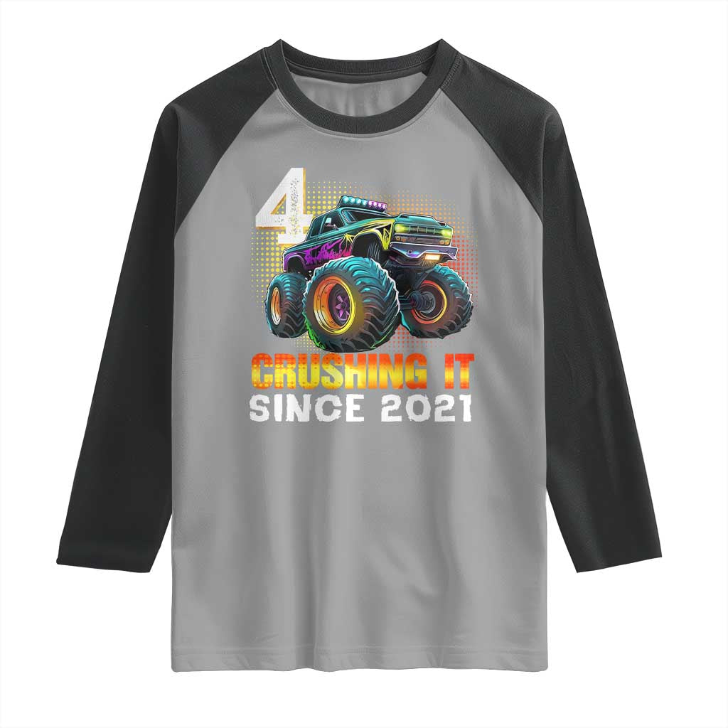 Monster Truck Birthday Raglan Shirt Happy 4th Bday Party 4 Years Old Boy