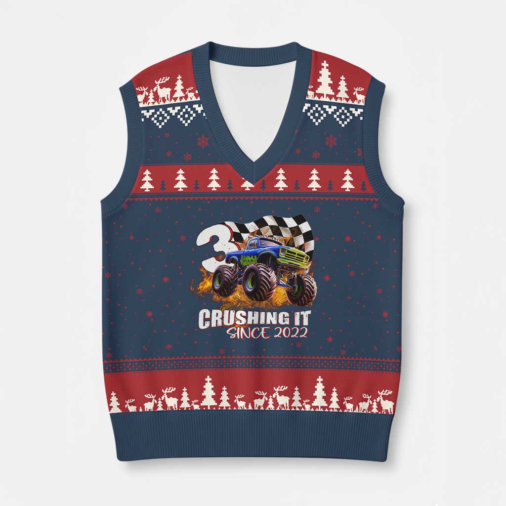Monster Truck Birthday V-Neck Knit Sweater Vest Happy 3rd Bday Party 3 Years Old Boy - Wonder Print Shop