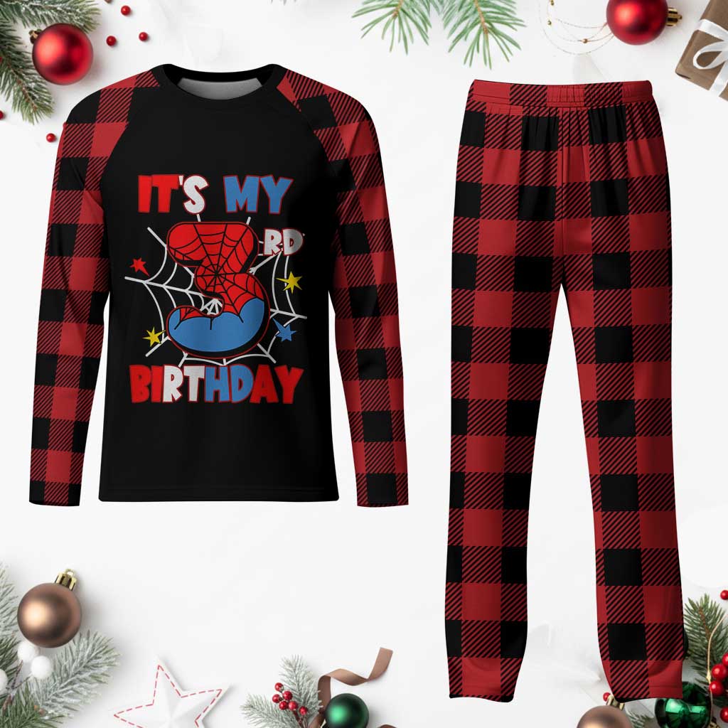 Spider Birthday Plaid Pajama Set It's My 3rd Bday Party 3 Years Old Boy - Wonder Print Shop