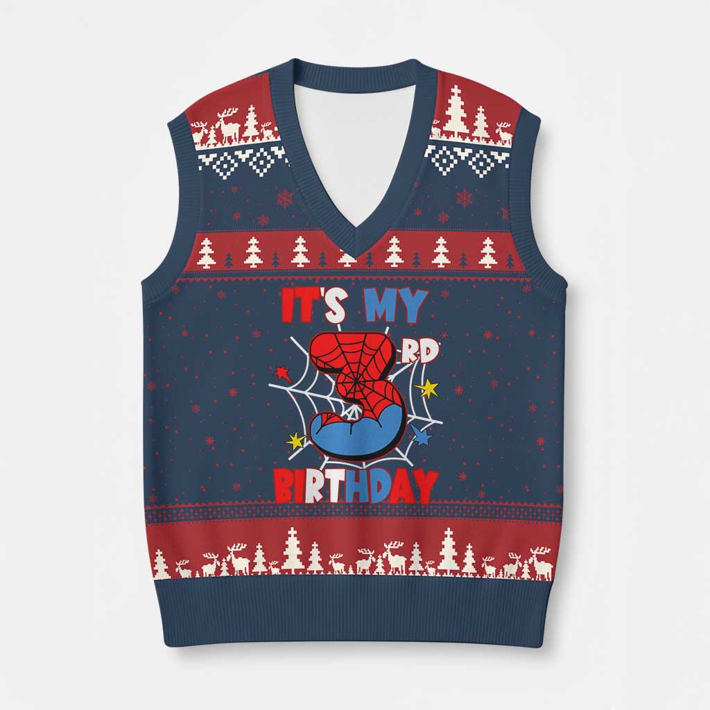 Spider Birthday V-Neck Knit Sweater Vest It's My 3rd Bday Party 3 Years Old Boy - Wonder Print Shop