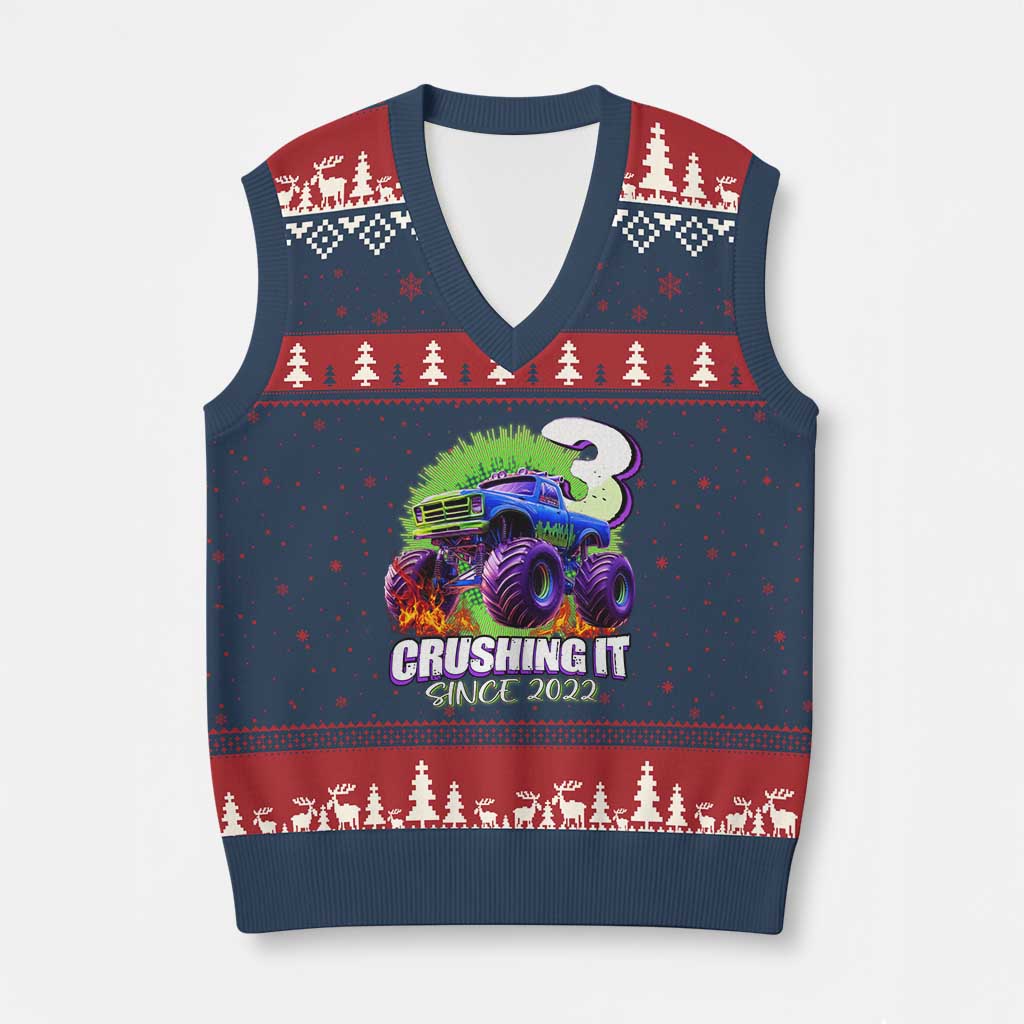 Monster Truck Birthday V-Neck Knit Sweater Vest 3 Years Old Boys Happy 3rd Bday Party - Wonder Print Shop