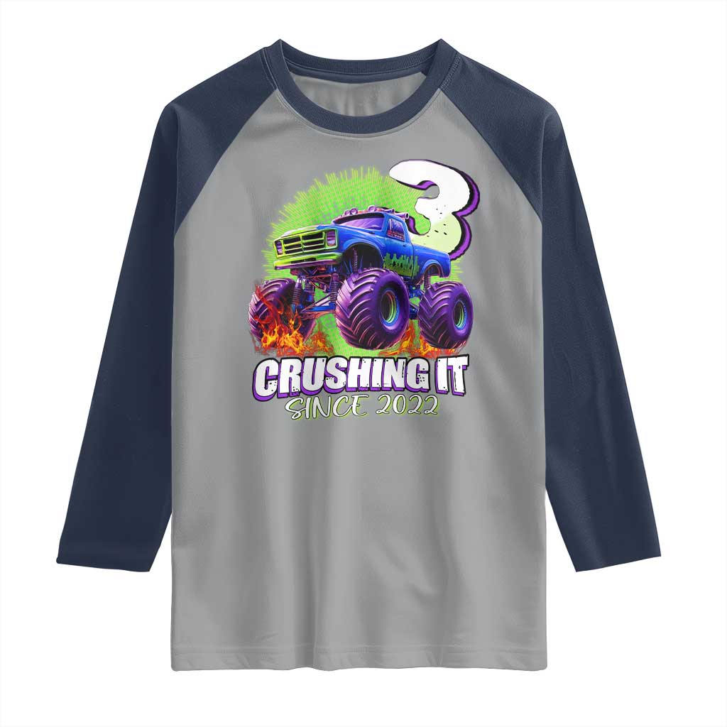 Monster Truck Birthday Raglan Shirt 3 Years Old Boys Happy 3rd Bday Party