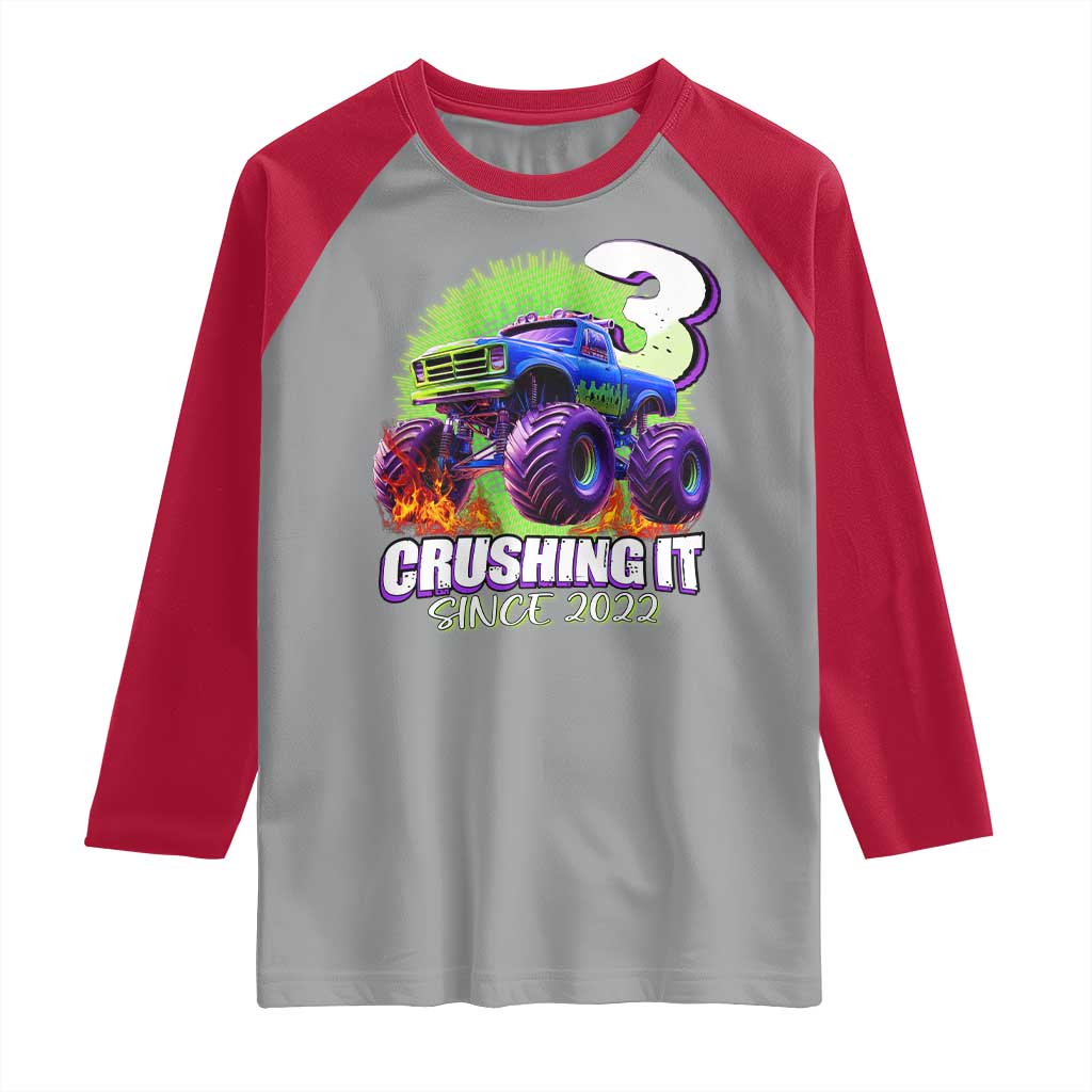 Monster Truck Birthday Raglan Shirt 3 Years Old Boys Happy 3rd Bday Party