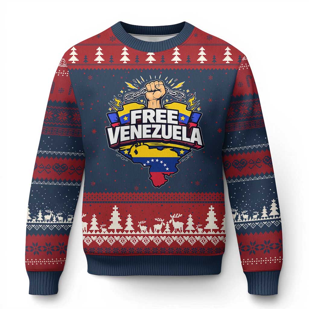 Free Venezuela Raised Fist Ugly Christmas Sweater Libre Venezuelan Flag Map Liberation - Wonder Print Shop