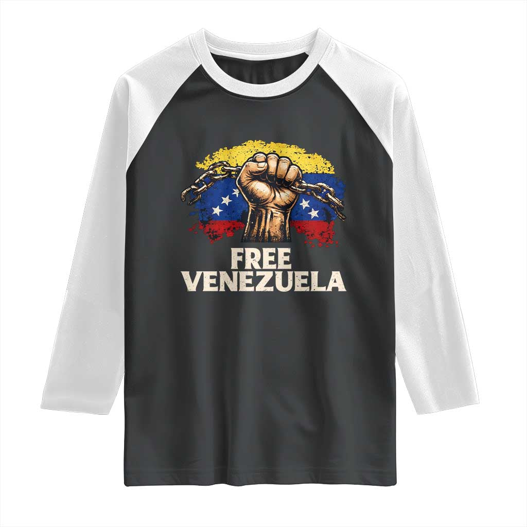 Free Venezuela Flag Chain Breaker Raglan Shirt Powerful Liberation for Liberation Supporters - Wonder Print Shop