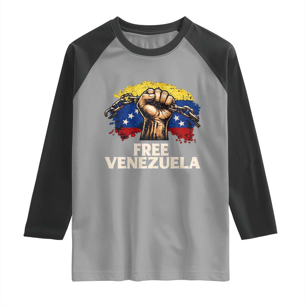Free Venezuela Flag Chain Breaker Raglan Shirt Powerful Liberation for Liberation Supporters - Wonder Print Shop