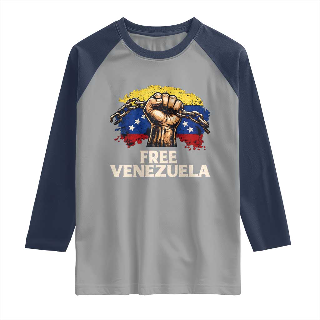 Free Venezuela Flag Chain Breaker Raglan Shirt Powerful Liberation for Liberation Supporters - Wonder Print Shop