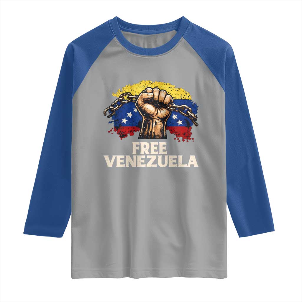 Free Venezuela Flag Chain Breaker Raglan Shirt Powerful Liberation for Liberation Supporters - Wonder Print Shop