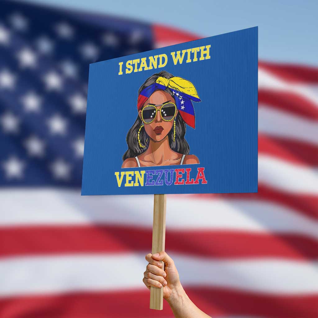 Stand With Venezuela Patriotic Protest Sign Venezuelan Flag Empowering Afro Latina Messy Bun Bandana