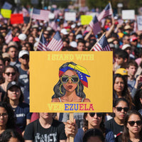 Stand With Venezuela Patriotic Protest Sign Venezuelan Flag Empowering Afro Latina Messy Bun Bandana