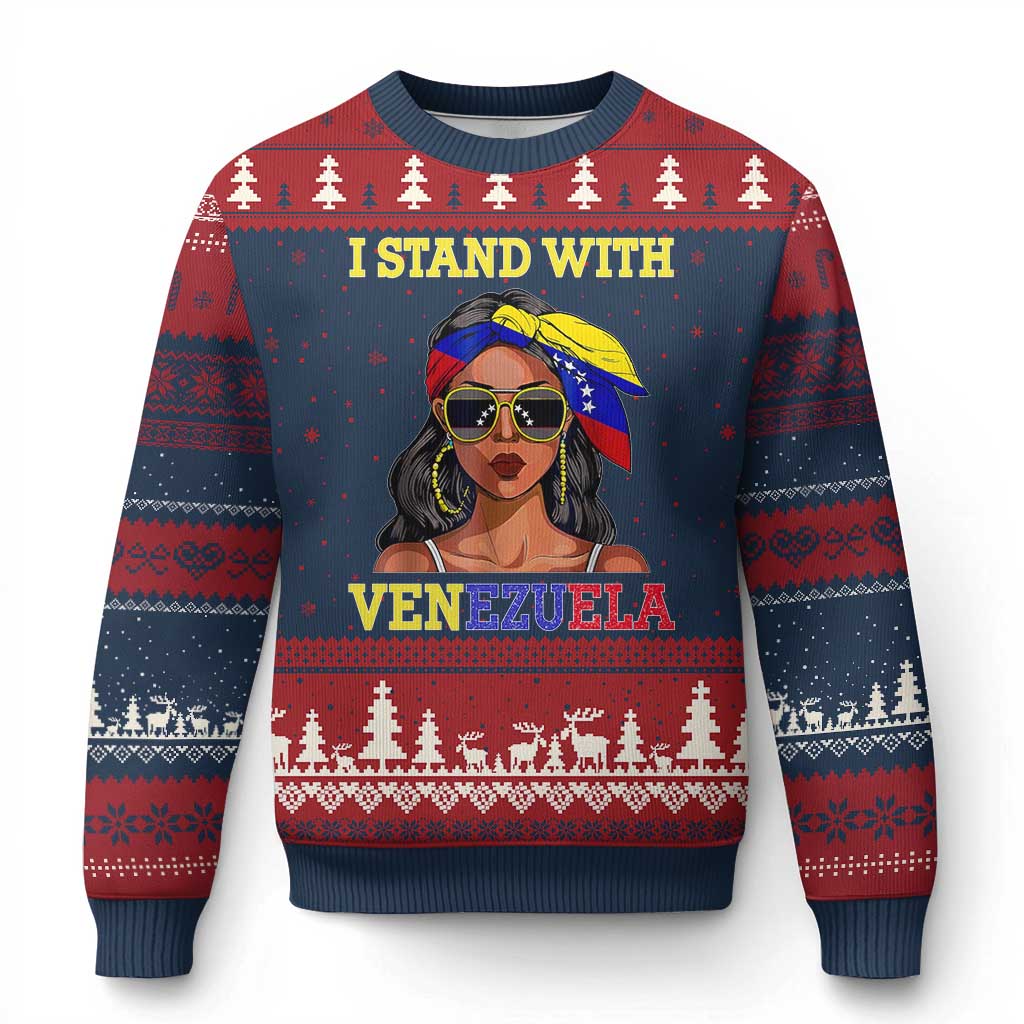 Stand With Venezuela Patriotic Ugly Christmas Sweater Venezuelan Flag Empowering Afro Latina Messy Bun Bandana - Wonder Print Shop