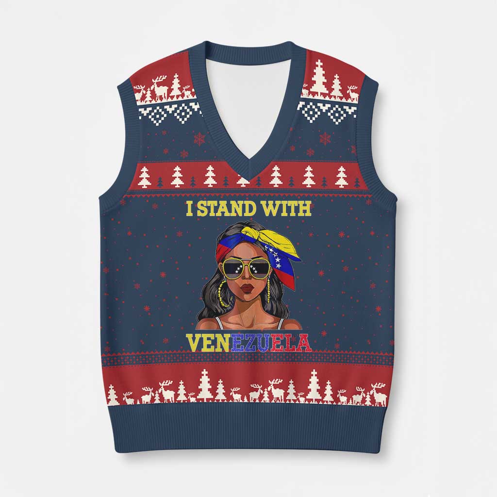 Stand With Venezuela Patriotic V-Neck Knit Sweater Vest Venezuelan Flag Empowering Afro Latina Messy Bun Bandana - Wonder Print Shop