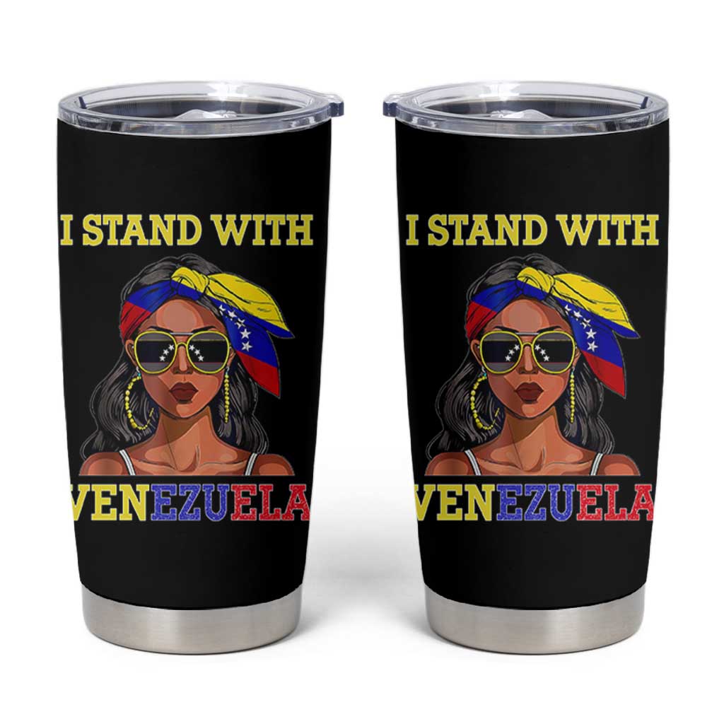 Stand With Venezuela Patriotic Tumbler Cup Venezuelan Flag Empowering Afro Latina Messy Bun Bandana - Wonder Print Shop