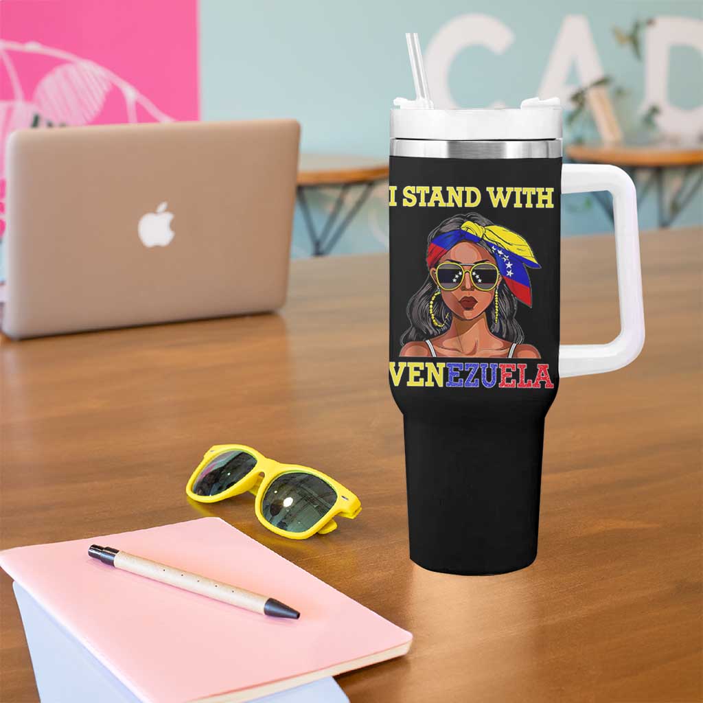 Stand With Venezuela Patriotic Tumbler With Handle Venezuelan Flag Empowering Afro Latina Messy Bun Bandana - Wonder Print Shop