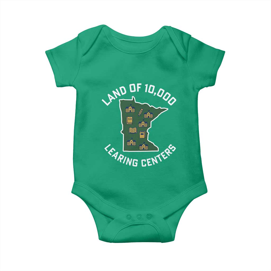 Land of 10000 Learing Centers Funny Minnesota Meme Baby Onesie Viral Education Typo Parody - Wonder Print Shop