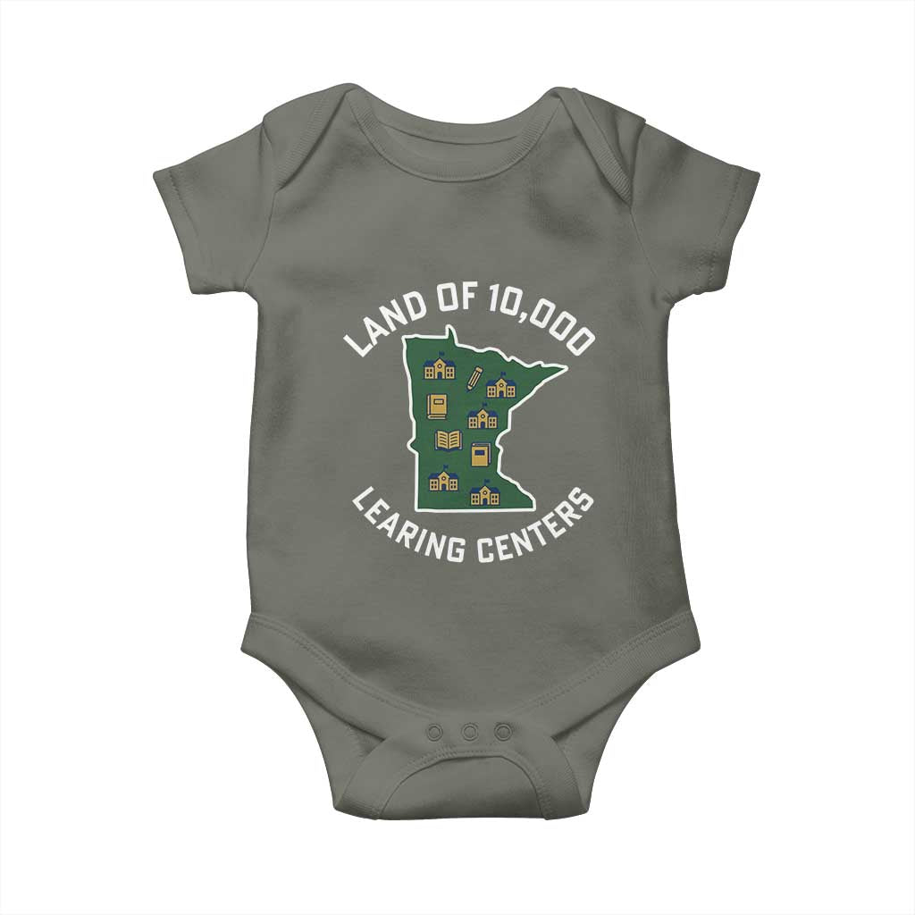 Land of 10000 Learing Centers Funny Minnesota Meme Baby Onesie Viral Education Typo Parody - Wonder Print Shop