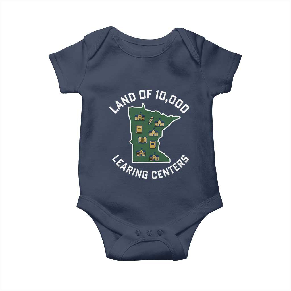 Land of 10000 Learing Centers Funny Minnesota Meme Baby Onesie Viral Education Typo Parody - Wonder Print Shop