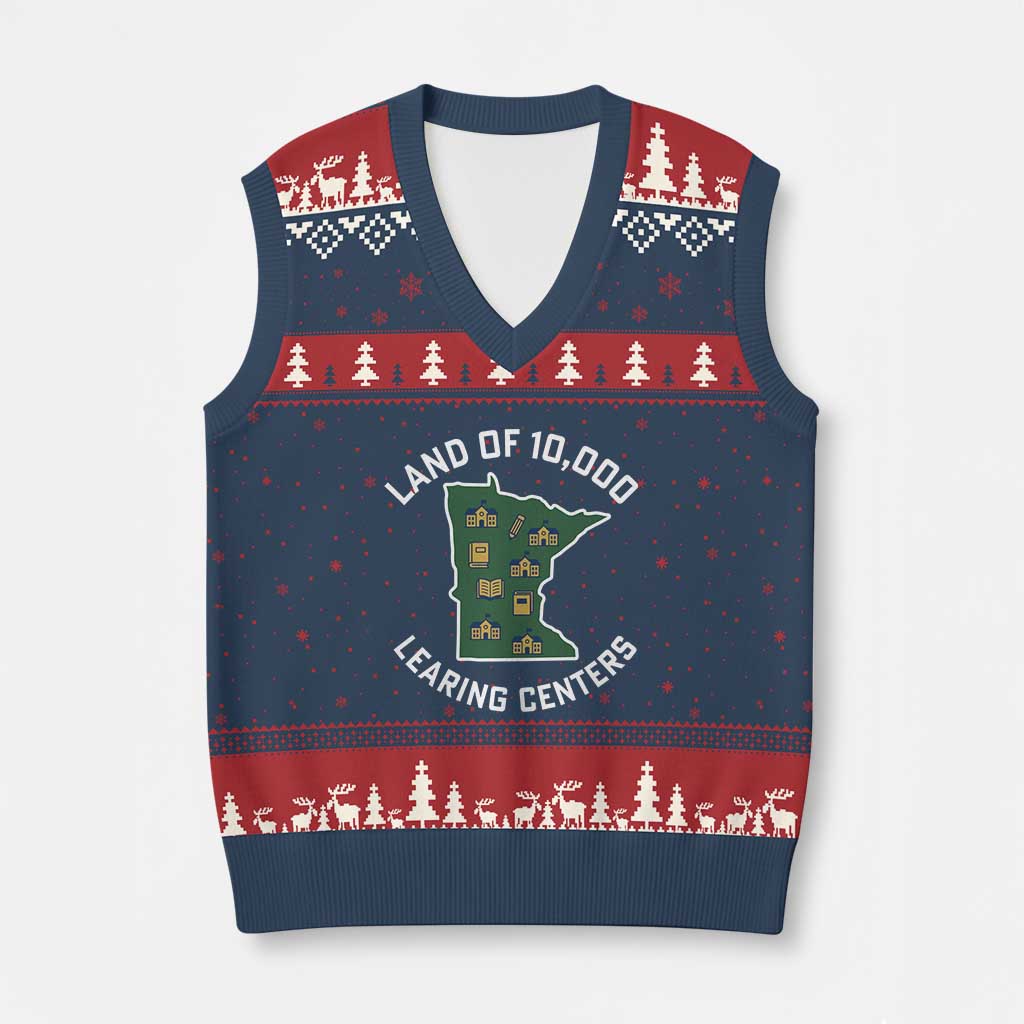 Land of 10000 Learing Centers Funny Minnesota Meme V-Neck Knit Sweater Vest Viral Education Typo Parody - Wonder Print Shop