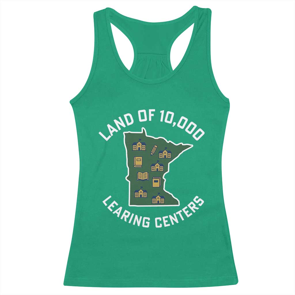Land of 10000 Learing Centers Funny Minnesota Meme Racerback Tank Top Viral Education Typo Parody - Wonder Print Shop