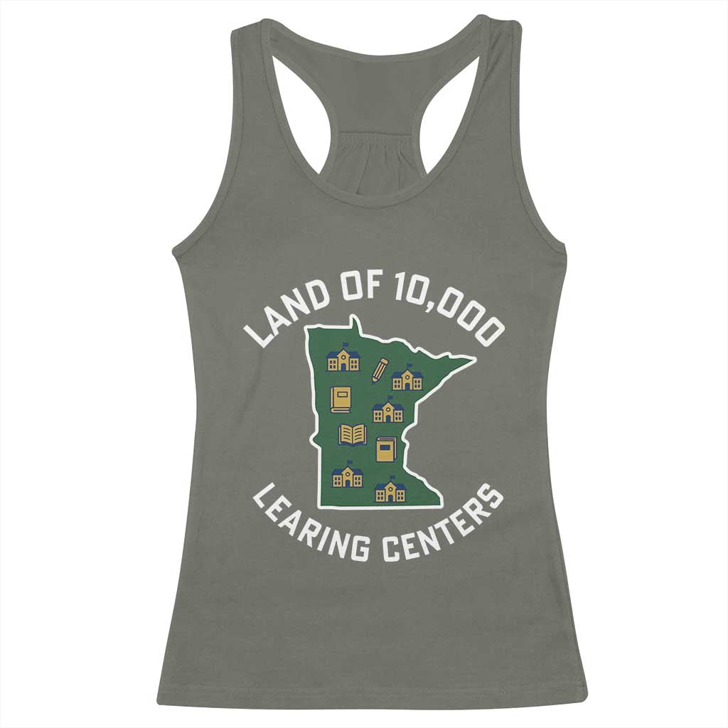 Land of 10000 Learing Centers Funny Minnesota Meme Racerback Tank Top Viral Education Typo Parody - Wonder Print Shop