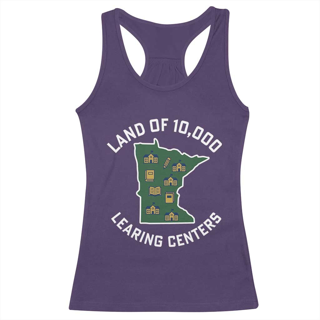 Land of 10000 Learing Centers Funny Minnesota Meme Racerback Tank Top Viral Education Typo Parody - Wonder Print Shop