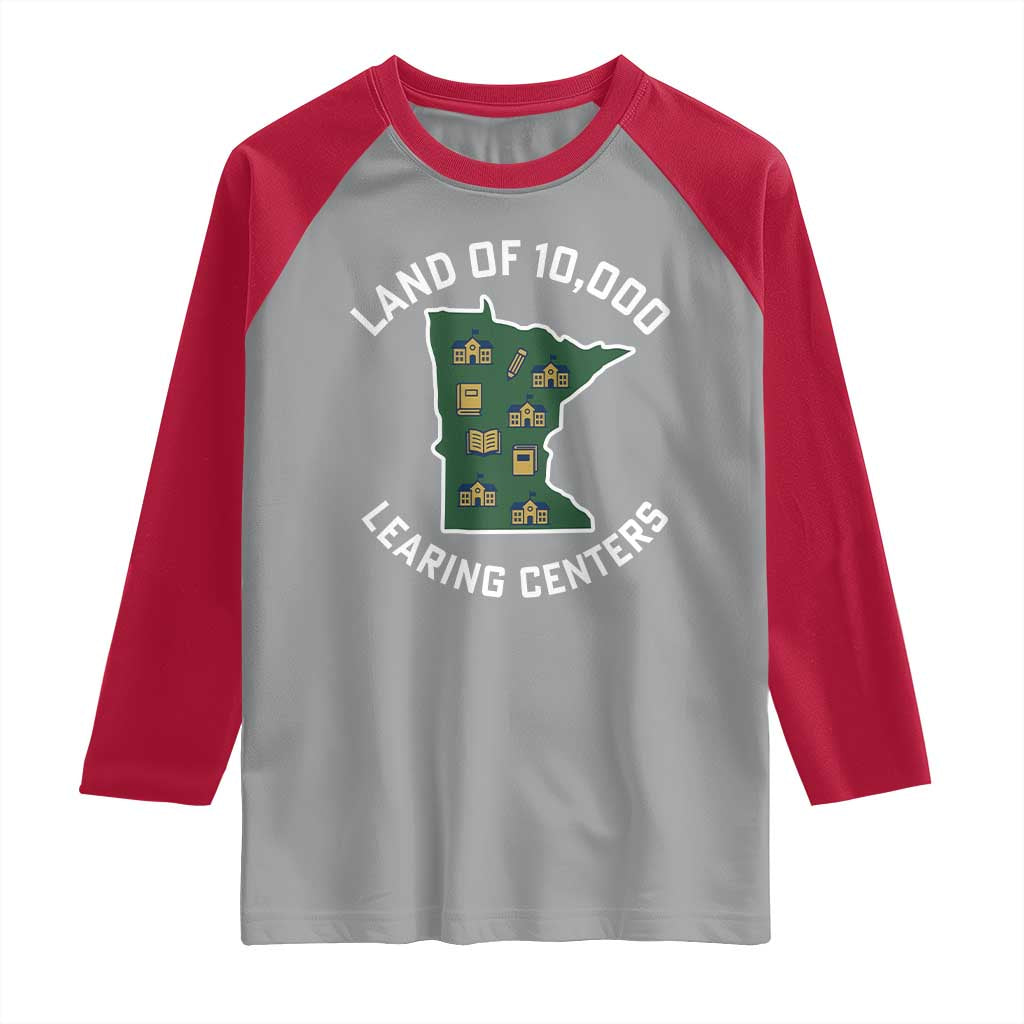 Land of 10000 Learing Centers Funny Minnesota Meme Raglan Shirt Viral Education Typo Parody - Wonder Print Shop