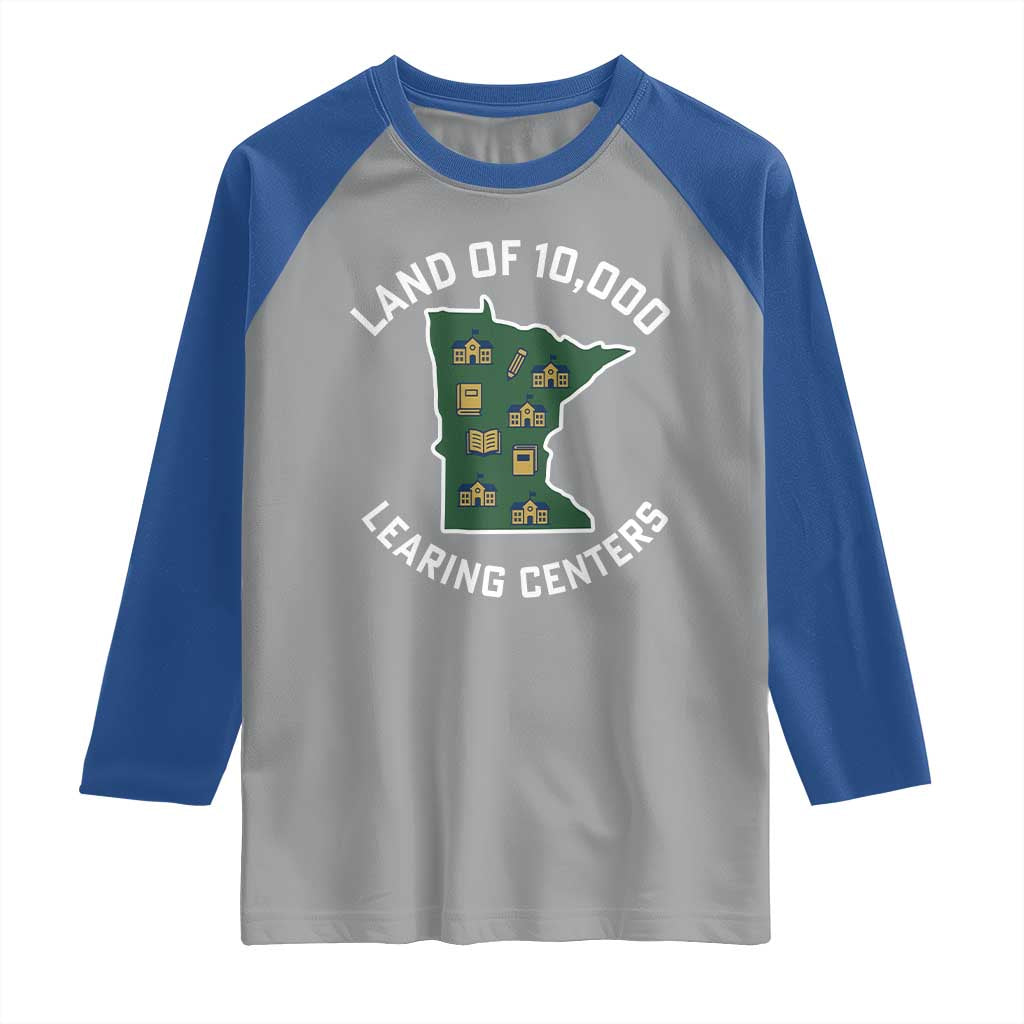 Land of 10000 Learing Centers Funny Minnesota Meme Raglan Shirt Viral Education Typo Parody - Wonder Print Shop