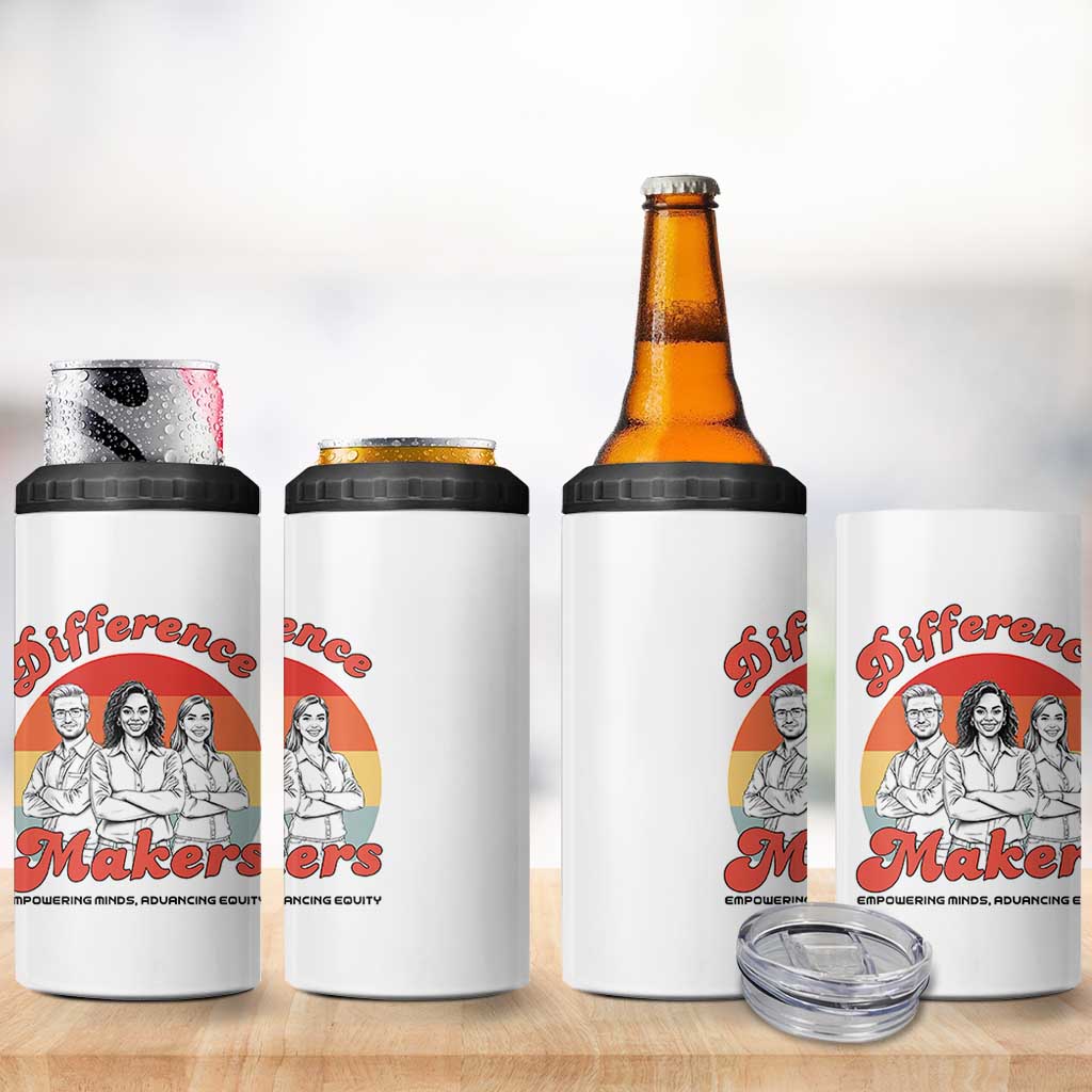 Difference Makers Teacher Appreciation 4 in 1 Can Cooler Tumbler Empowering Minds & Advancing Equity Retro Educator - Wonder Print Shop