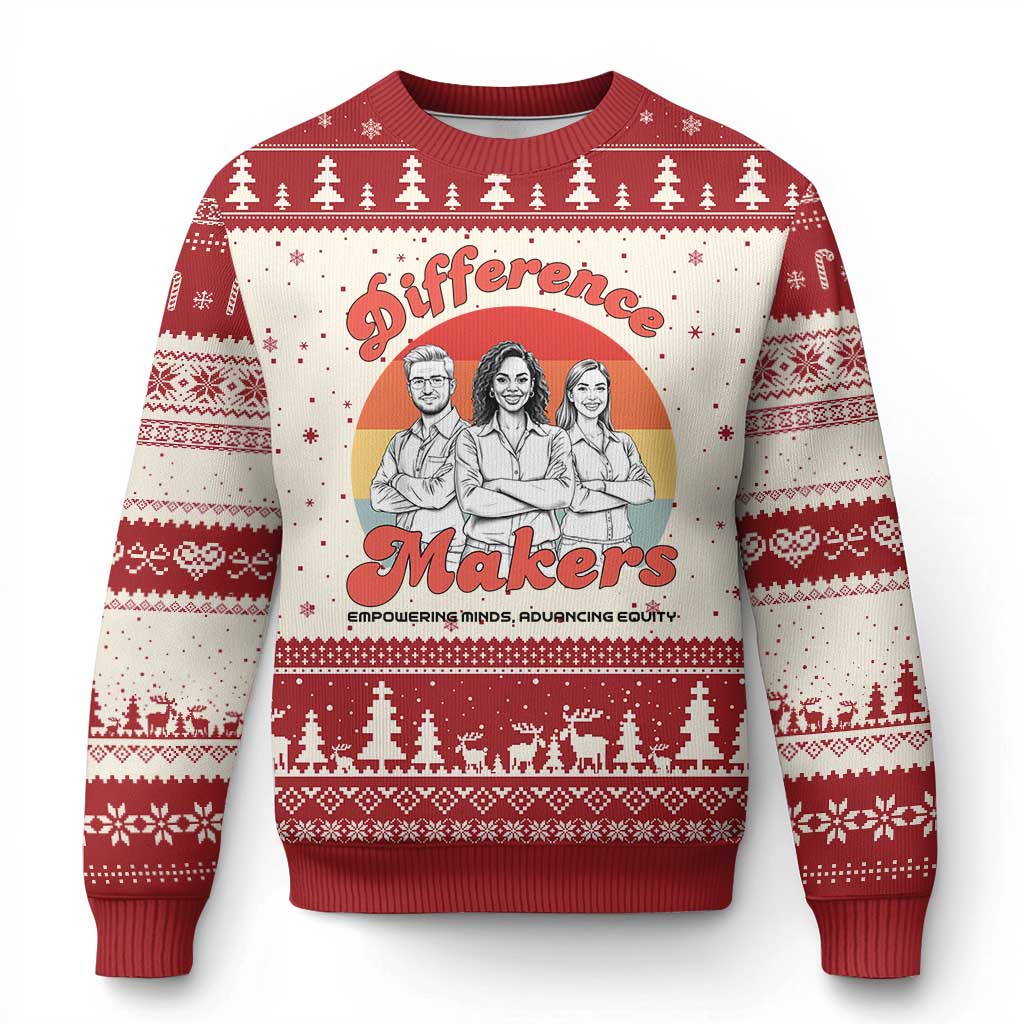 Difference Makers Teacher Appreciation Ugly Christmas Sweater Empowering Minds & Advancing Equity Retro Educator - Wonder Print Shop