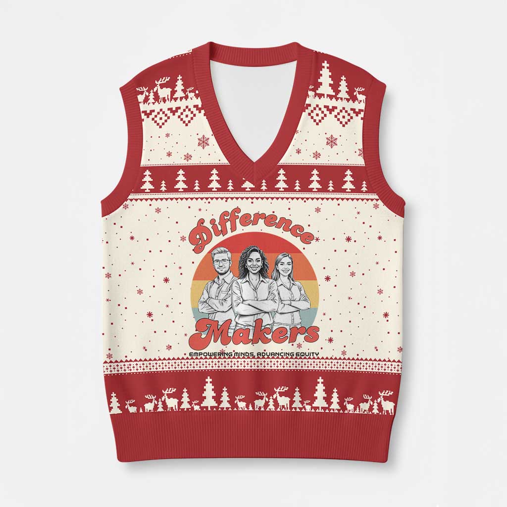 Difference Makers Teacher Appreciation V-Neck Knit Sweater Vest Empowering Minds & Advancing Equity Retro Educator - Wonder Print Shop