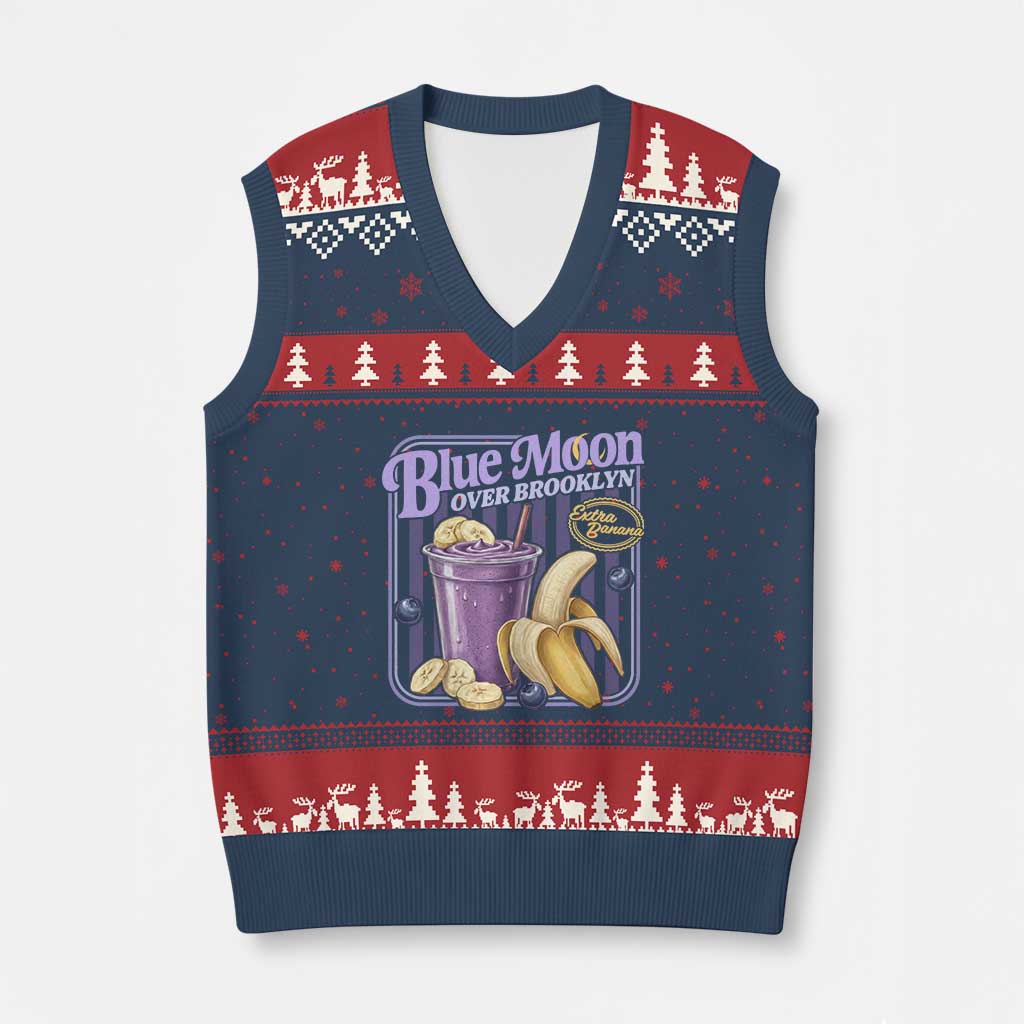 Blue Moon Over Brooklyn Banana Smoothie Aesthetic V-Neck Knit Sweater Vest Extra Banana Hockey Romance Retro Style - Wonder Print Shop