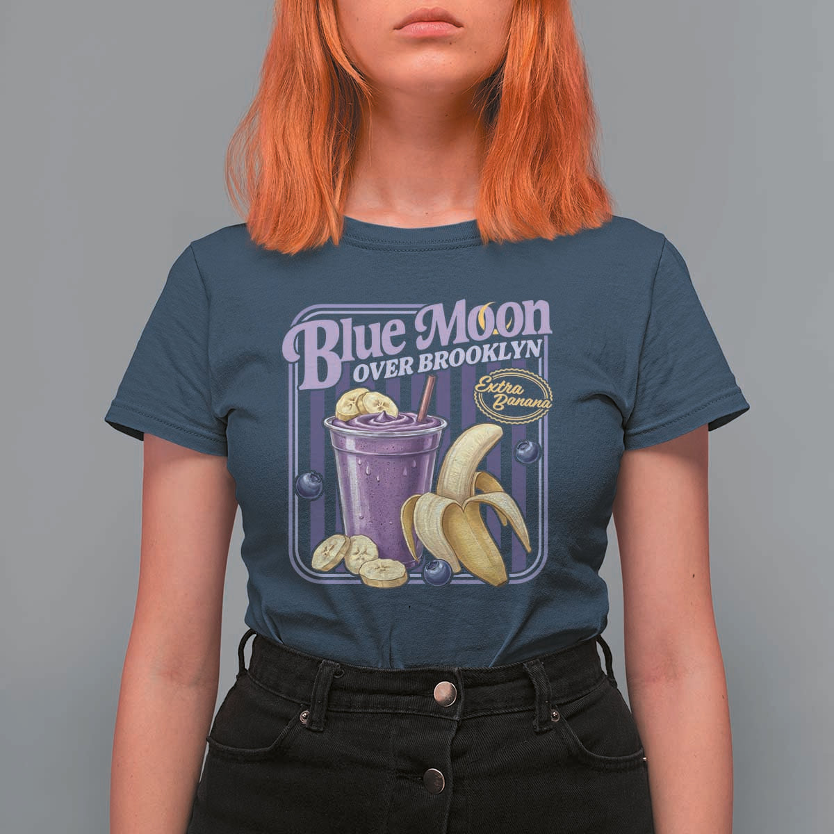 Blue Moon Over Brooklyn Banana Smoothie Aesthetic T Shirt For Women Extra Banana Hockey Romance Retro Style - Wonder Print Shop