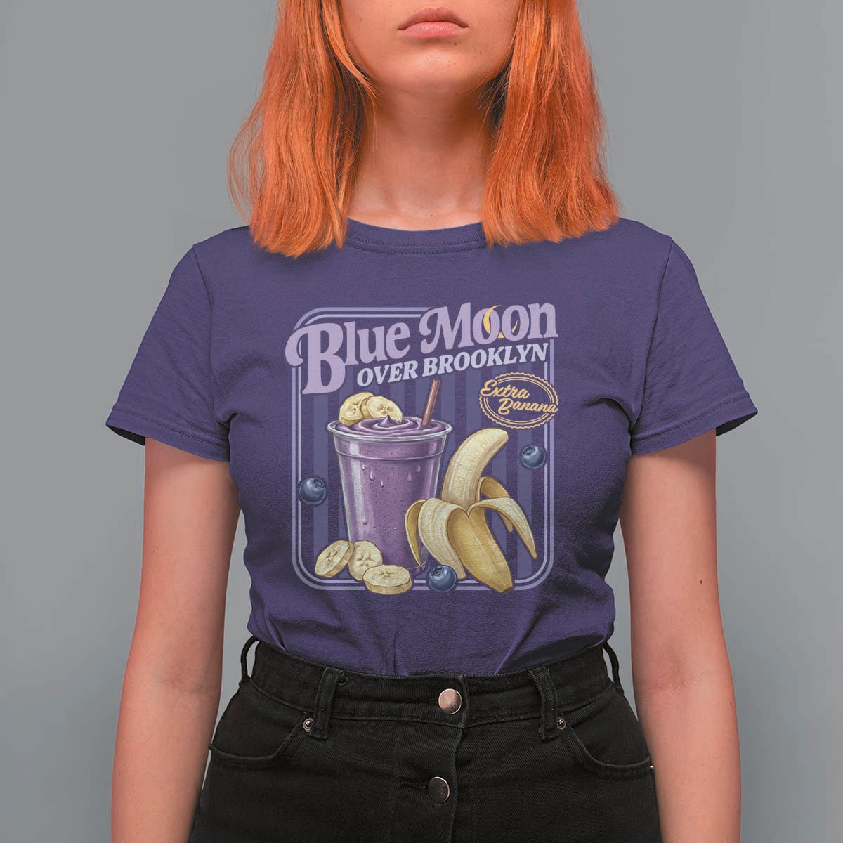 Blue Moon Over Brooklyn Banana Smoothie Aesthetic T Shirt For Women Extra Banana Hockey Romance Retro Style - Wonder Print Shop