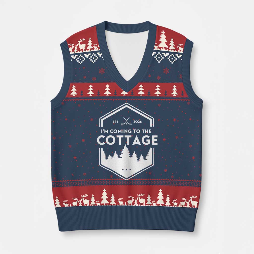 I'm Coming to the Cottage V-Neck Knit Sweater Vest Rustic Outdoor Retro Forest Hockey Romance - Wonder Print Shop