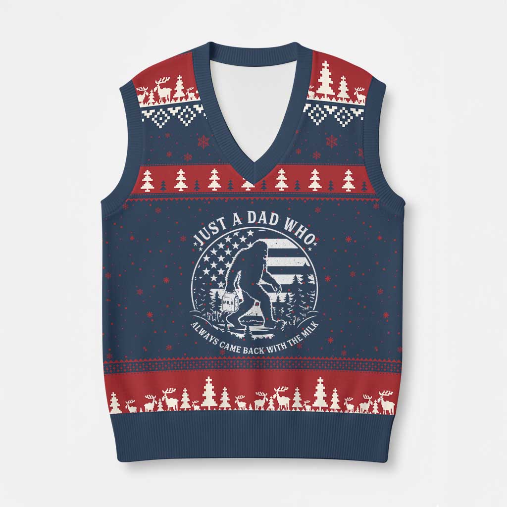 Just a Dad Who Came Back with the Milk V-Neck Knit Sweater Vest Funny Bigfoot Father's Day Sasquatch - Wonder Print Shop